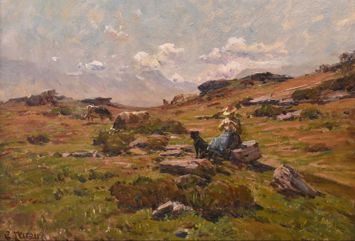 Tableau Ancien, Clovis Frédérick Terraire, Paysage Avec Jeune Bergère, XXè Siècle. (QP762)-photo-3