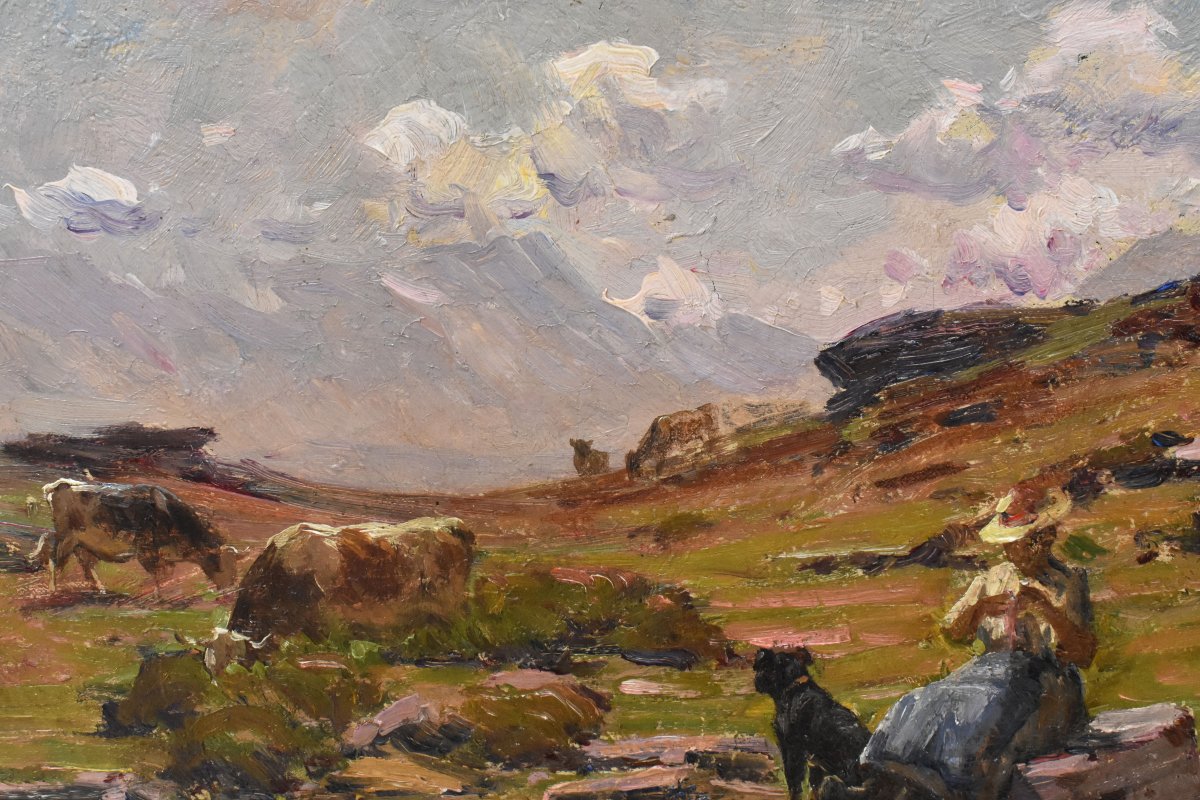 Tableau Ancien, Clovis Frédérick Terraire, Paysage Avec Jeune Bergère, XXè Siècle. (QP762)-photo-2
