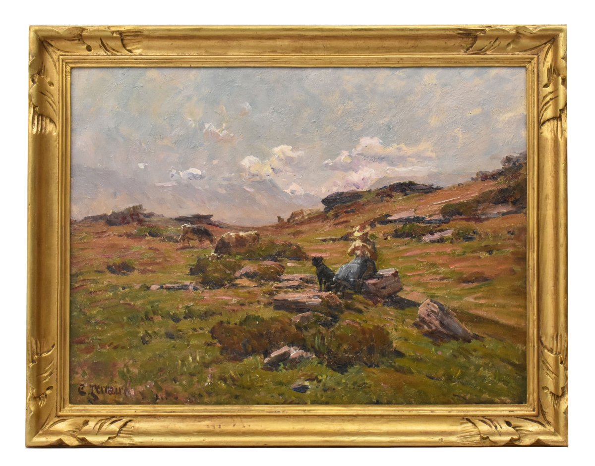 Tableau Ancien, Clovis Frédérick Terraire, Paysage Avec Jeune Bergère, XXè Siècle. (QP762)
