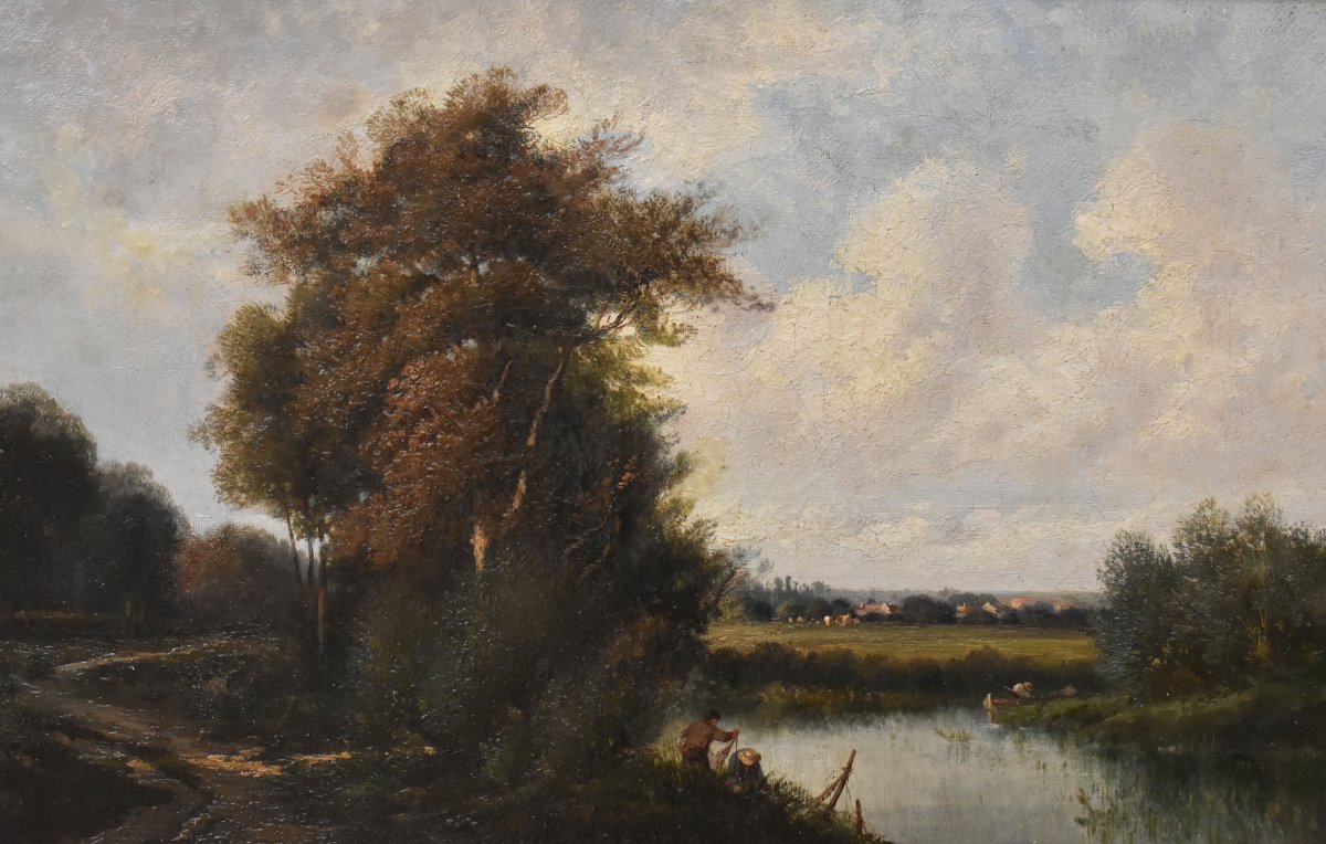 Tableau Ancien, Jules Duprér, Paysage Fluvial, École de Barbizon, XIXème Siècle. (QP763)-photo-3