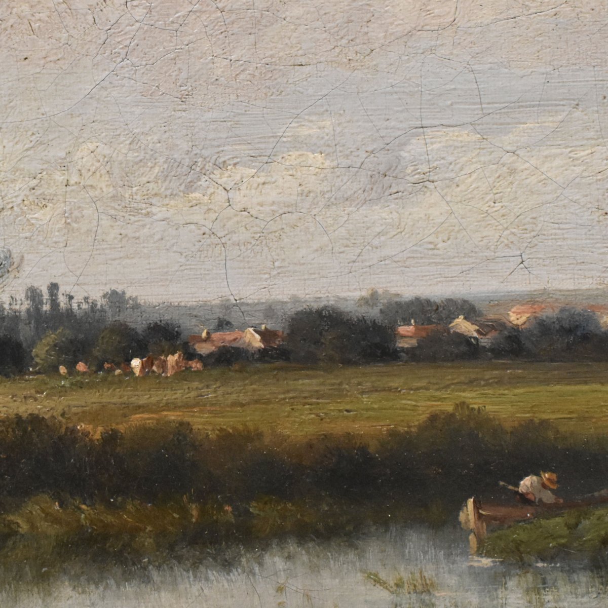 Tableau Ancien, Jules Duprér, Paysage Fluvial, École de Barbizon, XIXème Siècle. (QP763)-photo-1