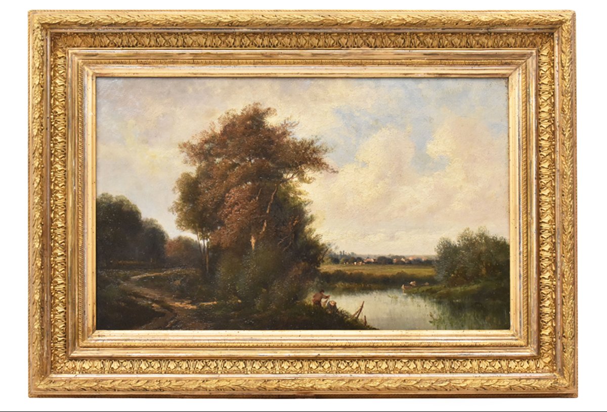 Tableau Ancien, Jules Duprér, Paysage Fluvial, École de Barbizon, XIXème Siècle. (QP763)