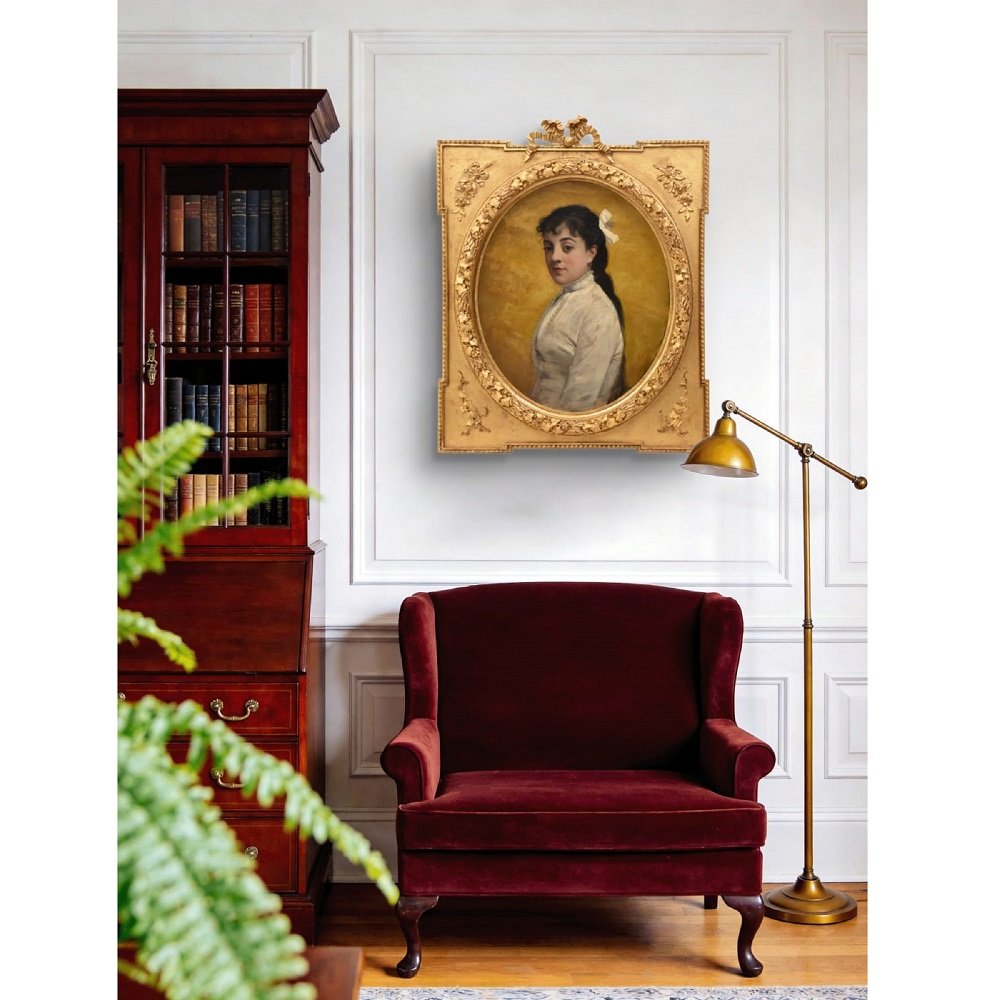 Antique Oval Woman Portrait, Painting, Young Woman, Oil On Canvas, XIX Century. (qr764) -photo-2