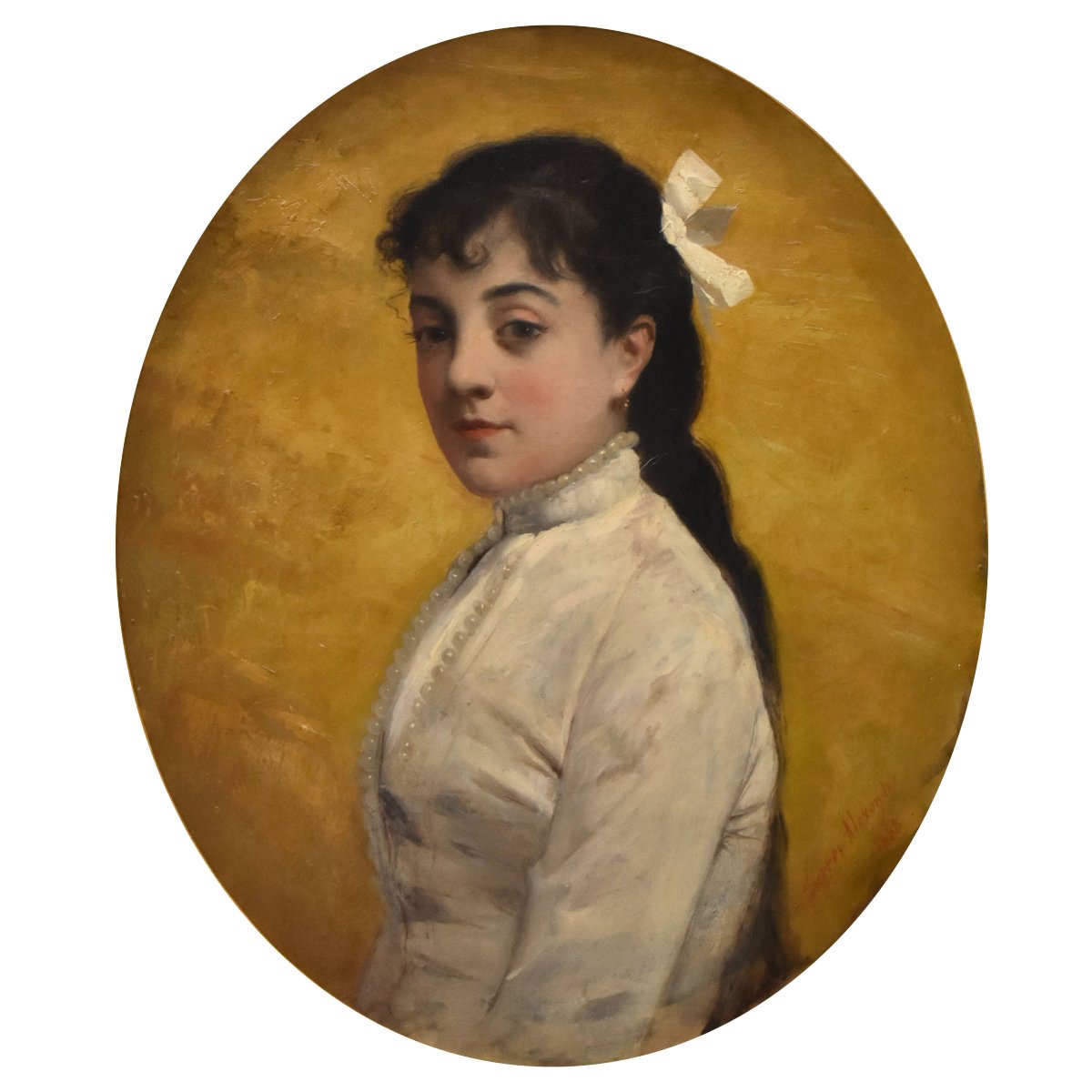 Antique Oval Woman Portrait, Painting, Young Woman, Oil On Canvas, XIX Century. (qr764) -photo-3