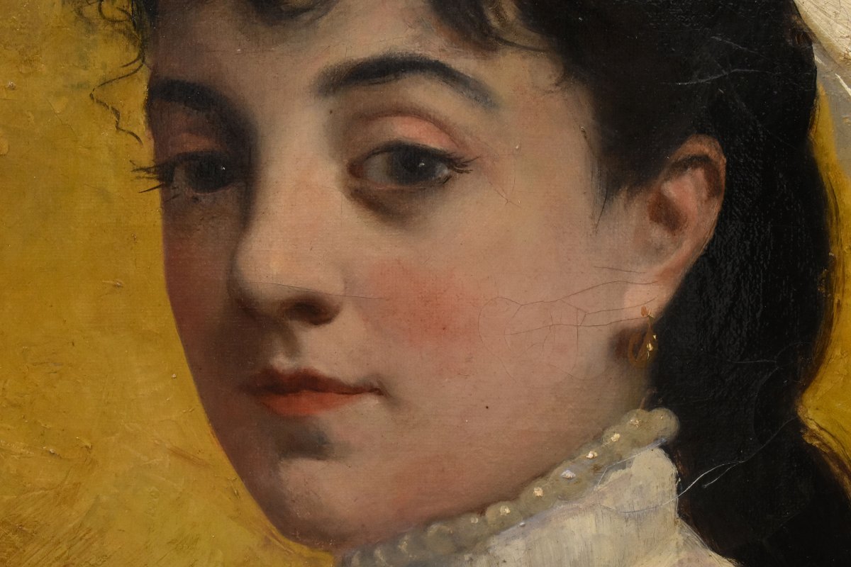 Antique Oval Woman Portrait, Painting, Young Woman, Oil On Canvas, XIX Century. (qr764) -photo-4