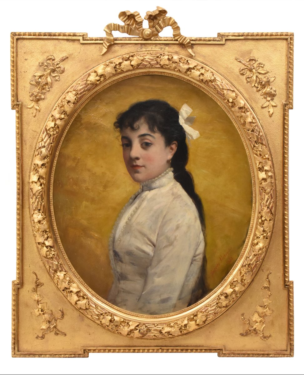 Antique Oval Woman Portrait, Painting, Young Woman, Oil On Canvas, XIX Century. (qr764) 