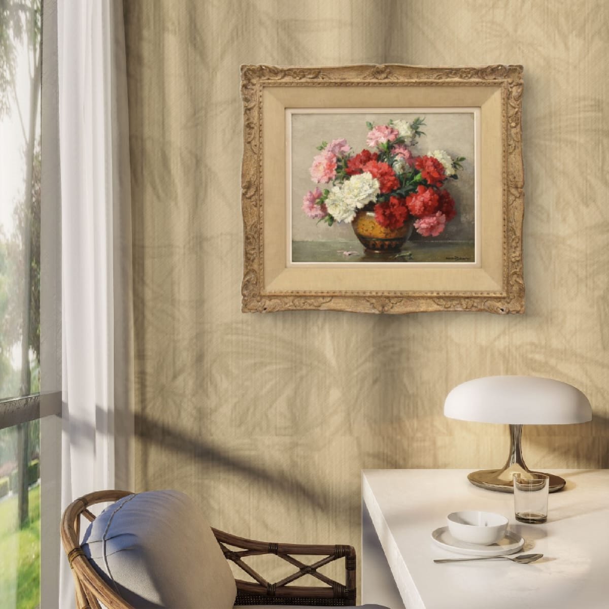 Tableau Ancien Fleurs, Maurice Alfred Decamps, Peinture Fleurs, Œillets, Art Deco (QF765) -photo-2