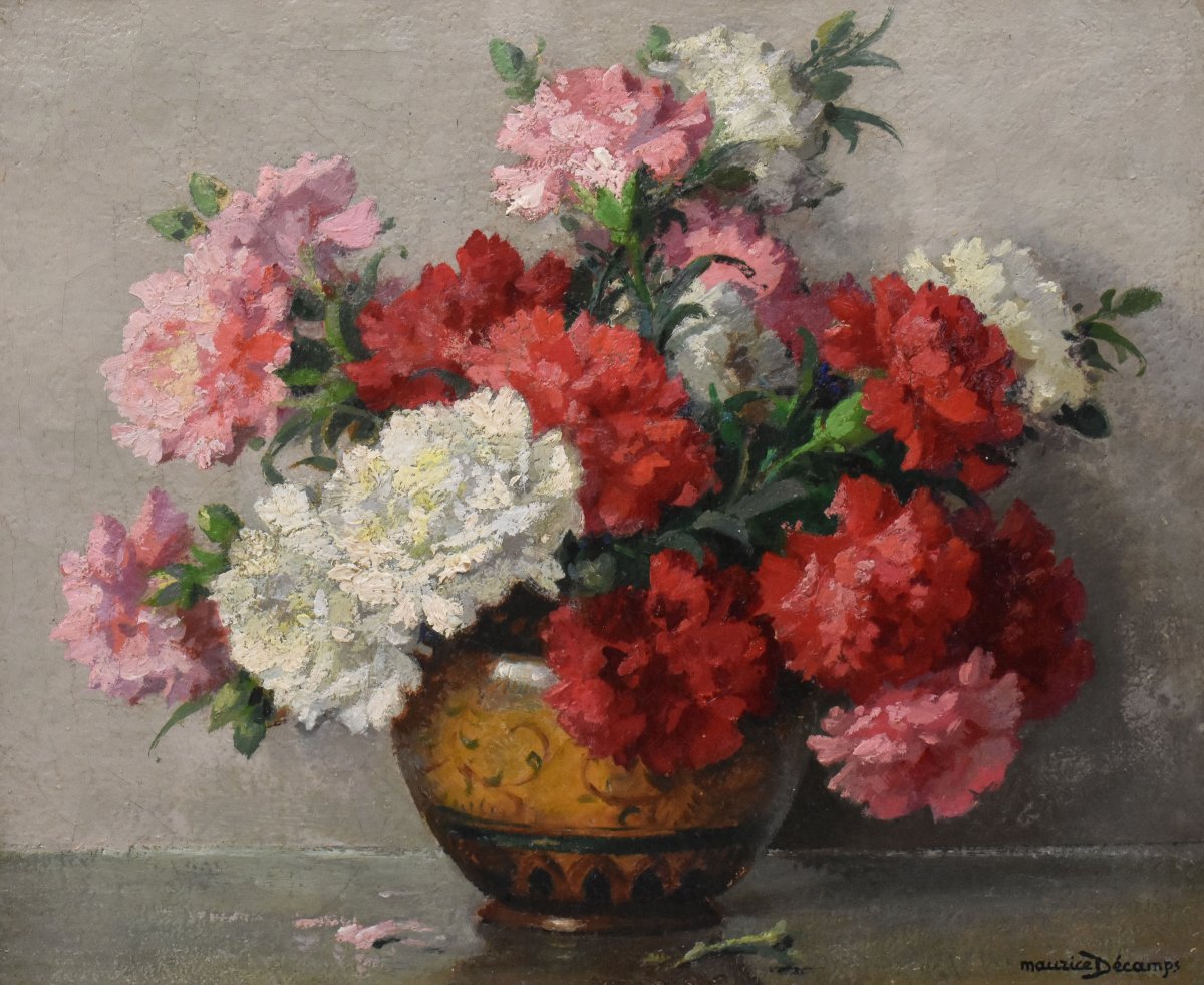 Tableau Ancien Fleurs, Maurice Alfred Decamps, Peinture Fleurs, Œillets, Art Deco (QF765) -photo-3