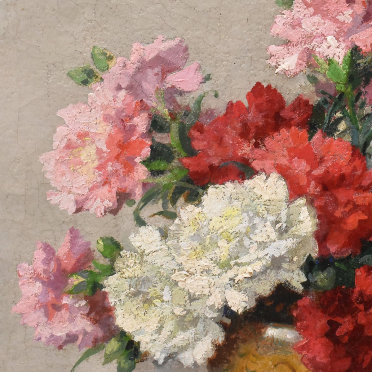 Tableau Ancien Fleurs, Maurice Alfred Decamps, Peinture Fleurs, Œillets, Art Deco (QF765) -photo-4