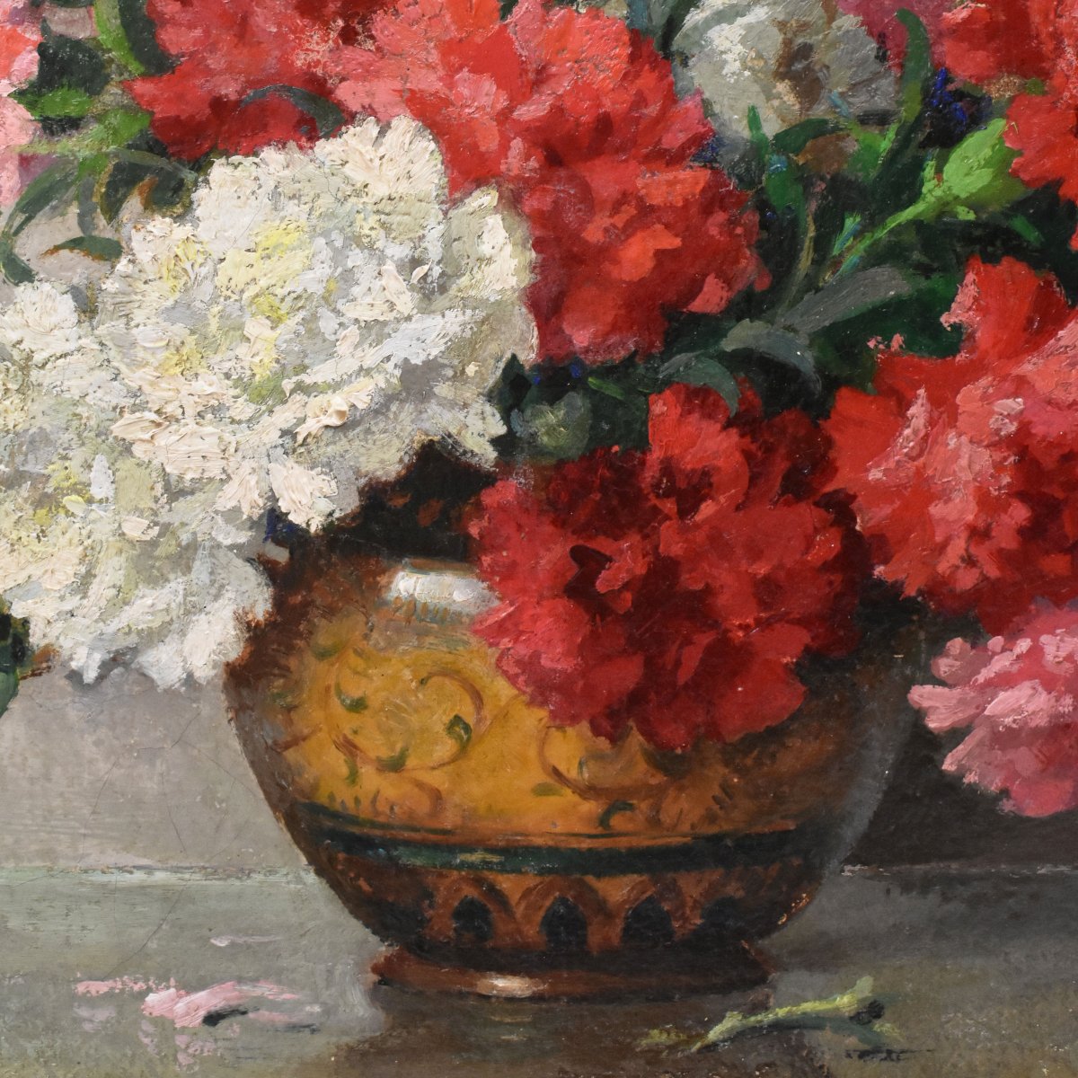 Tableau Ancien Fleurs, Maurice Alfred Decamps, Peinture Fleurs, Œillets, Art Deco (QF765) -photo-1