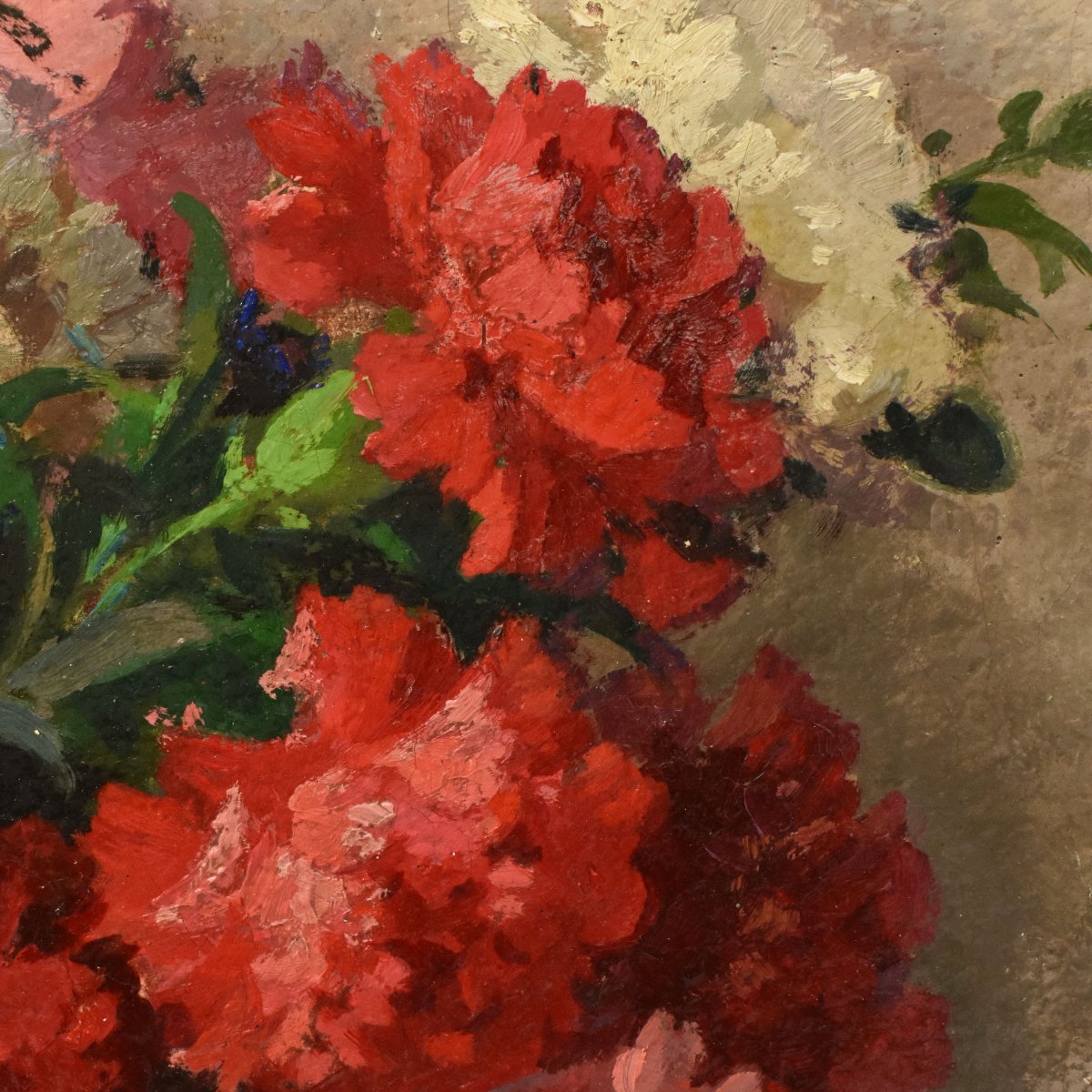Tableau Ancien Fleurs, Maurice Alfred Decamps, Peinture Fleurs, Œillets, Art Deco (QF765) -photo-2
