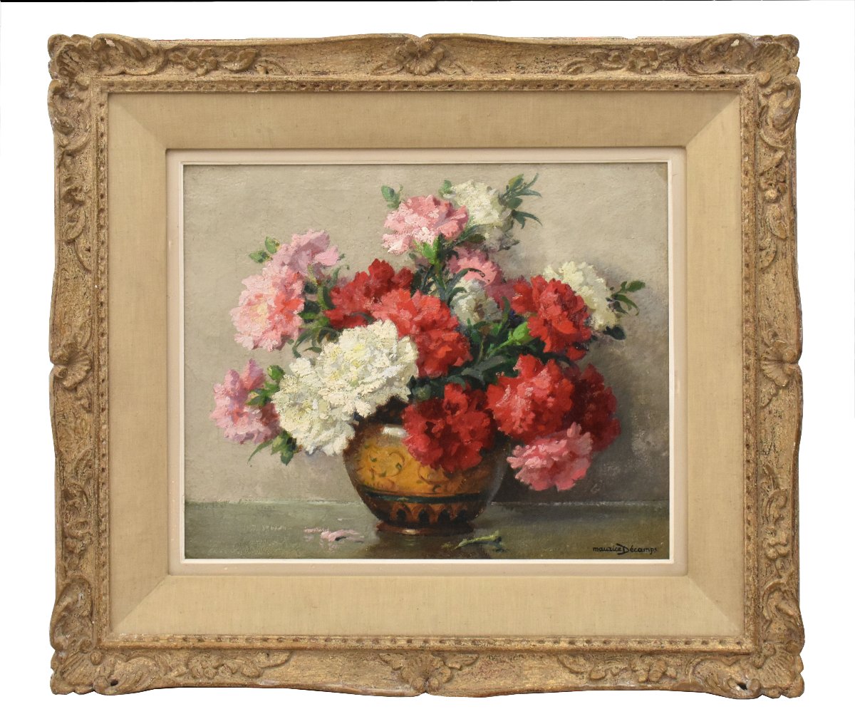 Tableau Ancien Fleurs, Maurice Alfred Decamps, Peinture Fleurs, Œillets, Art Deco (QF765) 