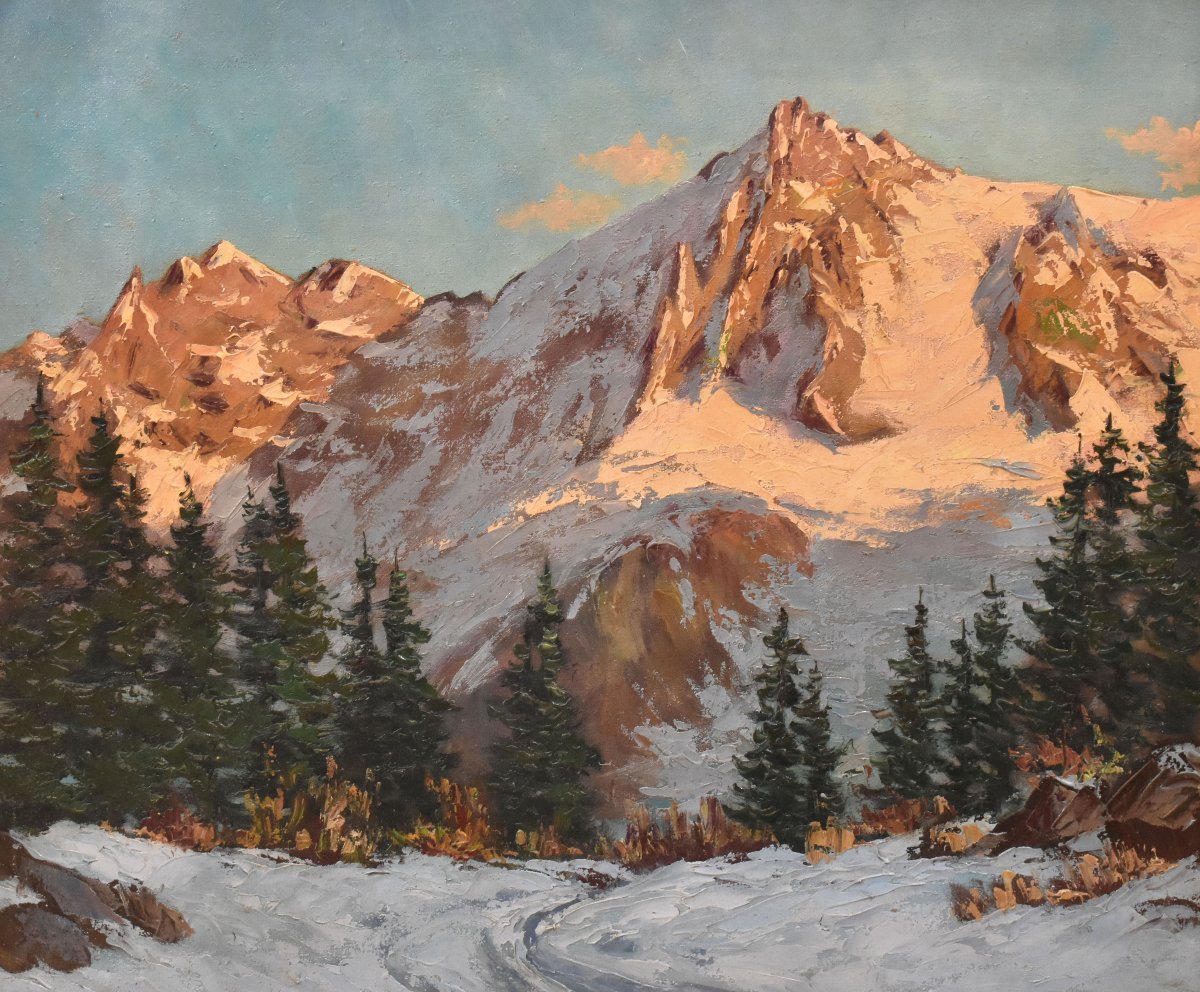 Tableau Ancien, Paysages De Montagne Avec Neige, Paysage Alpin, XXè Siècle. (QP766)-photo-3