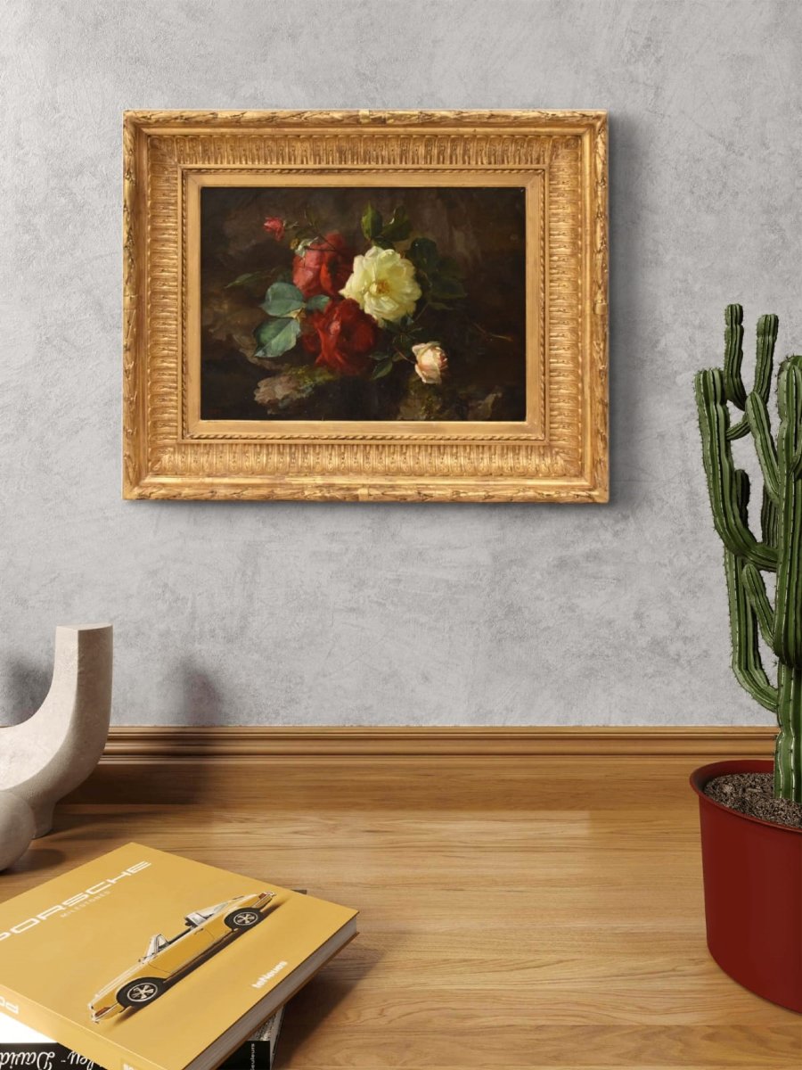Nature Morte Florale, Jean-Marie Poy, Roses Rouges Et Blanches, XIX. (QF767)-photo-2