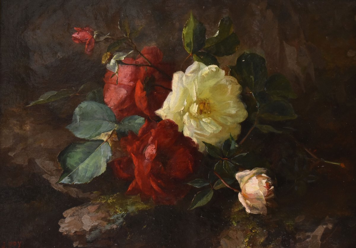 Nature Morte Florale, Jean-Marie Poy, Roses Rouges Et Blanches, XIX. (QF767)-photo-3