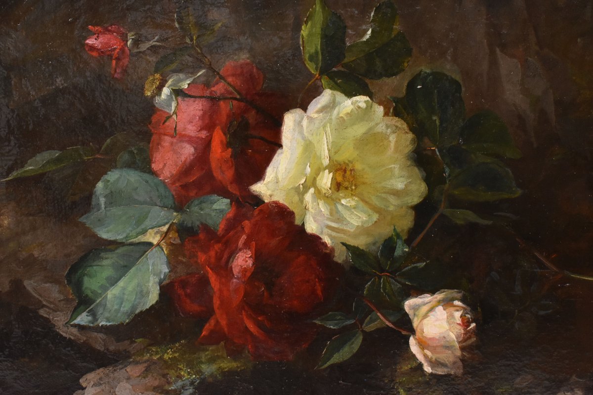 Nature Morte Florale, Jean-Marie Poy, Roses Rouges Et Blanches, XIX. (QF767)-photo-4