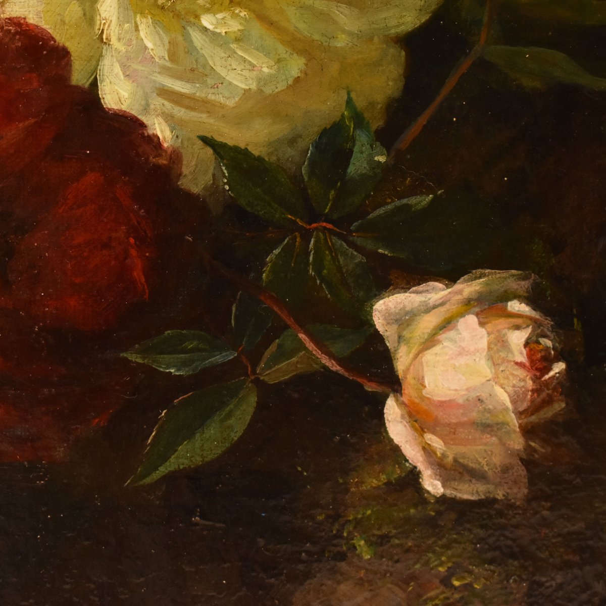 Nature Morte Florale, Jean-Marie Poy, Roses Rouges Et Blanches, XIX. (QF767)-photo-1