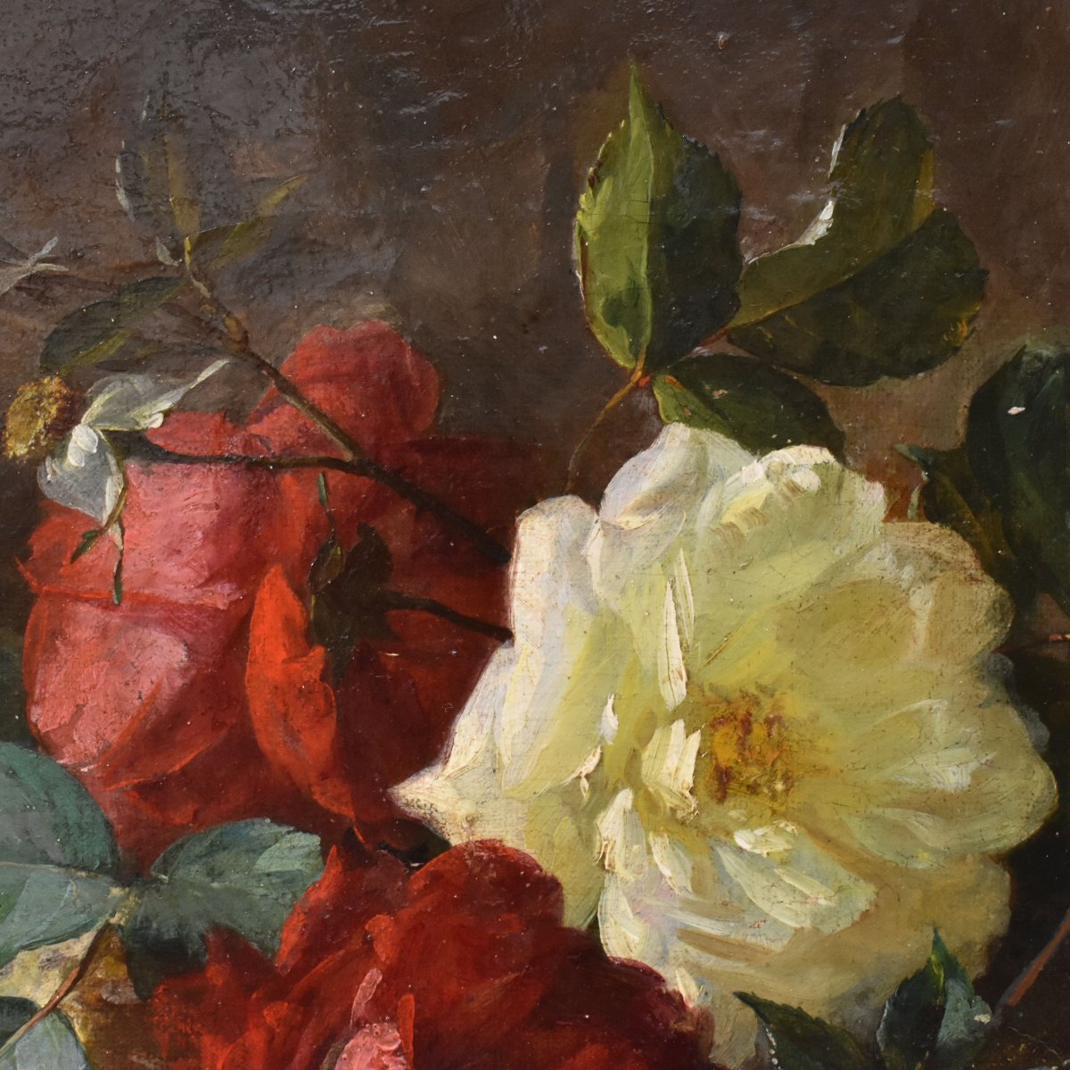 Nature Morte Florale, Jean-Marie Poy, Roses Rouges Et Blanches, XIX. (QF767)-photo-2