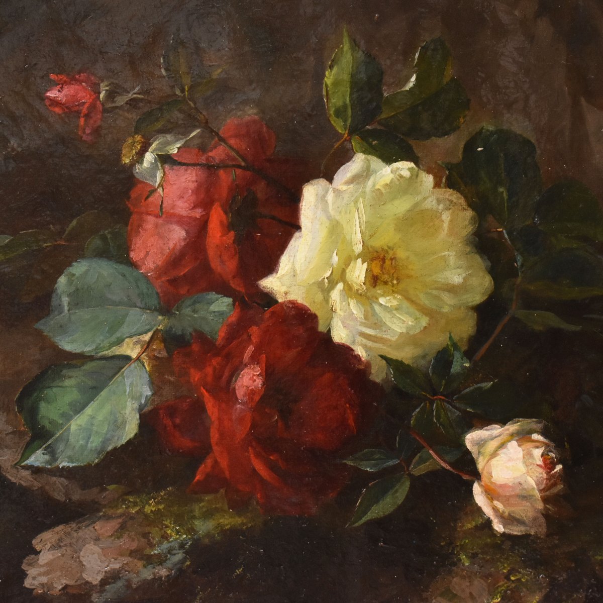 Nature Morte Florale, Jean-Marie Poy, Roses Rouges Et Blanches, XIX. (QF767)-photo-3