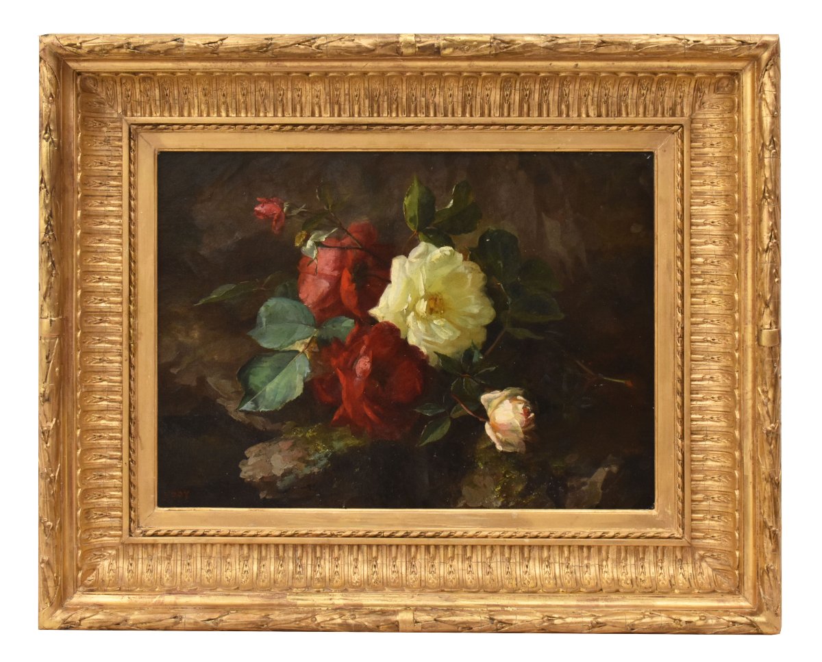 Nature Morte Florale, Jean-Marie Poy, Roses Rouges Et Blanches, XIX. (QF767)