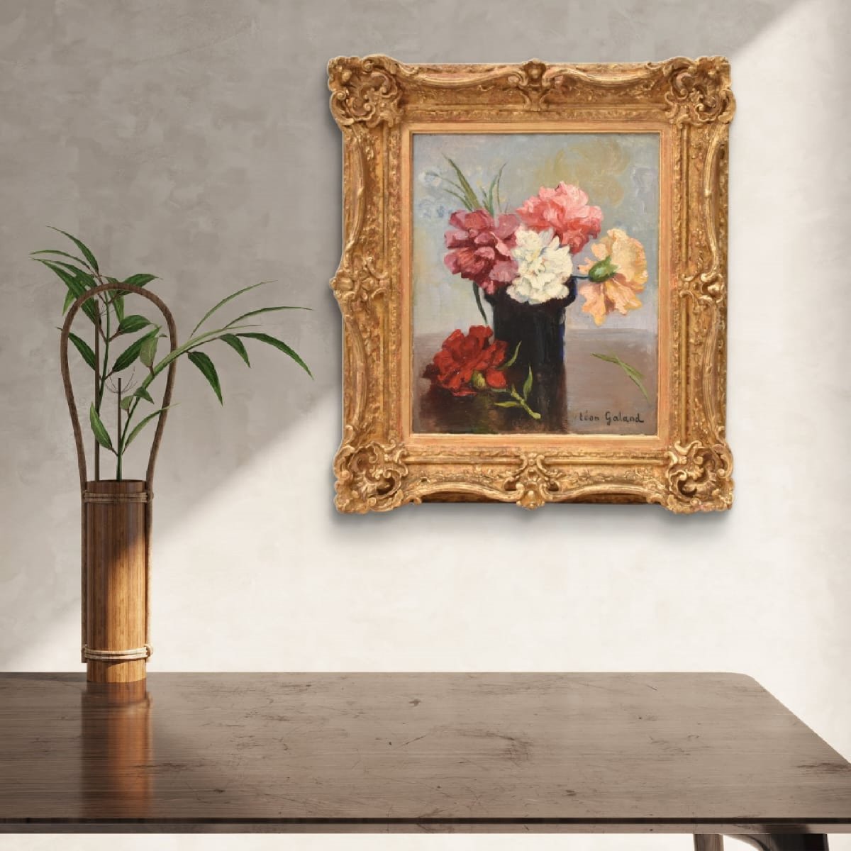 Petite Nature Morte Florale, Léon Laurent Galand, Peinture Fleurs, Œillets, XX (QF768) -photo-2
