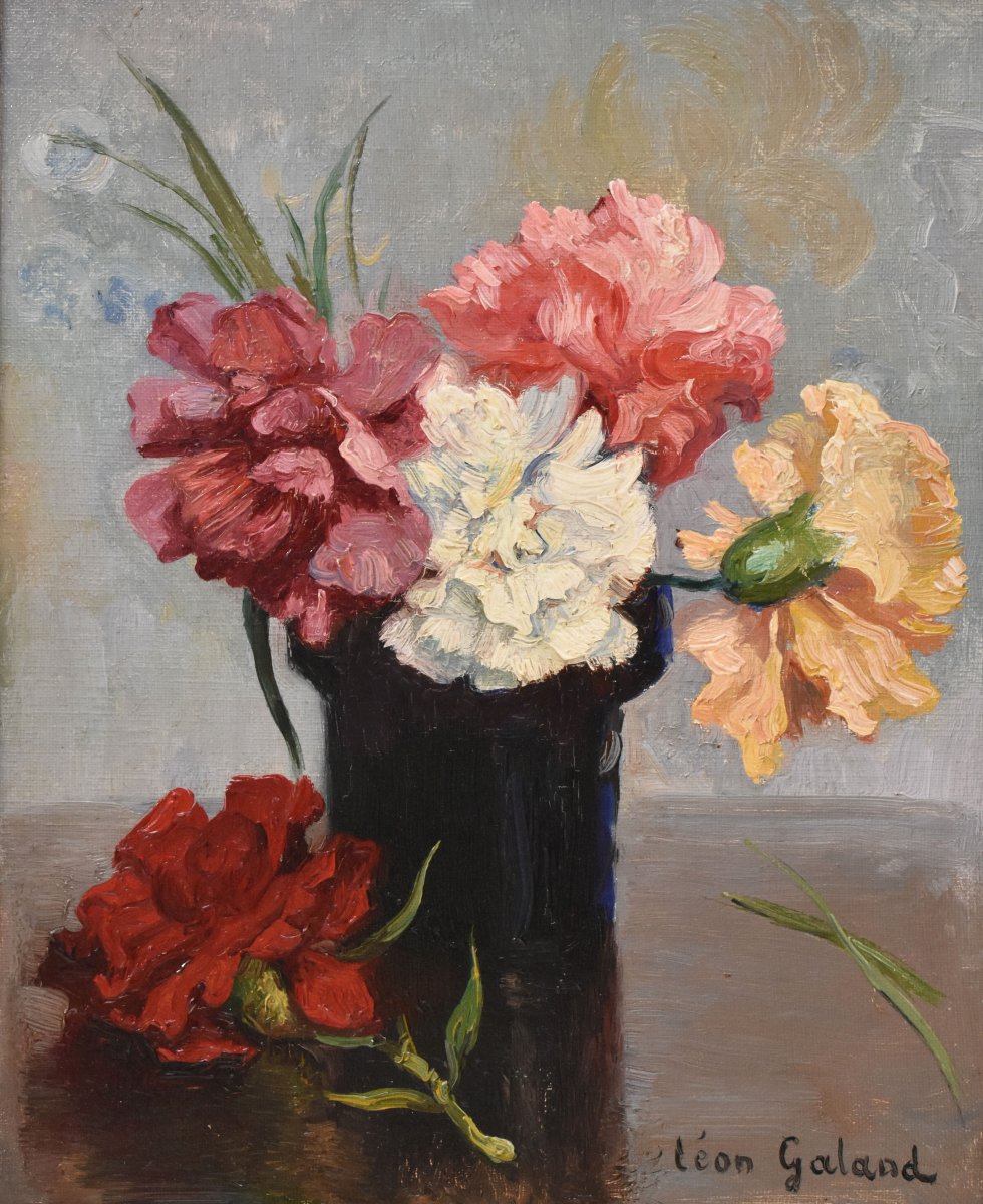 Petite Nature Morte Florale, Léon Laurent Galand, Peinture Fleurs, Œillets, XX (QF768) -photo-3