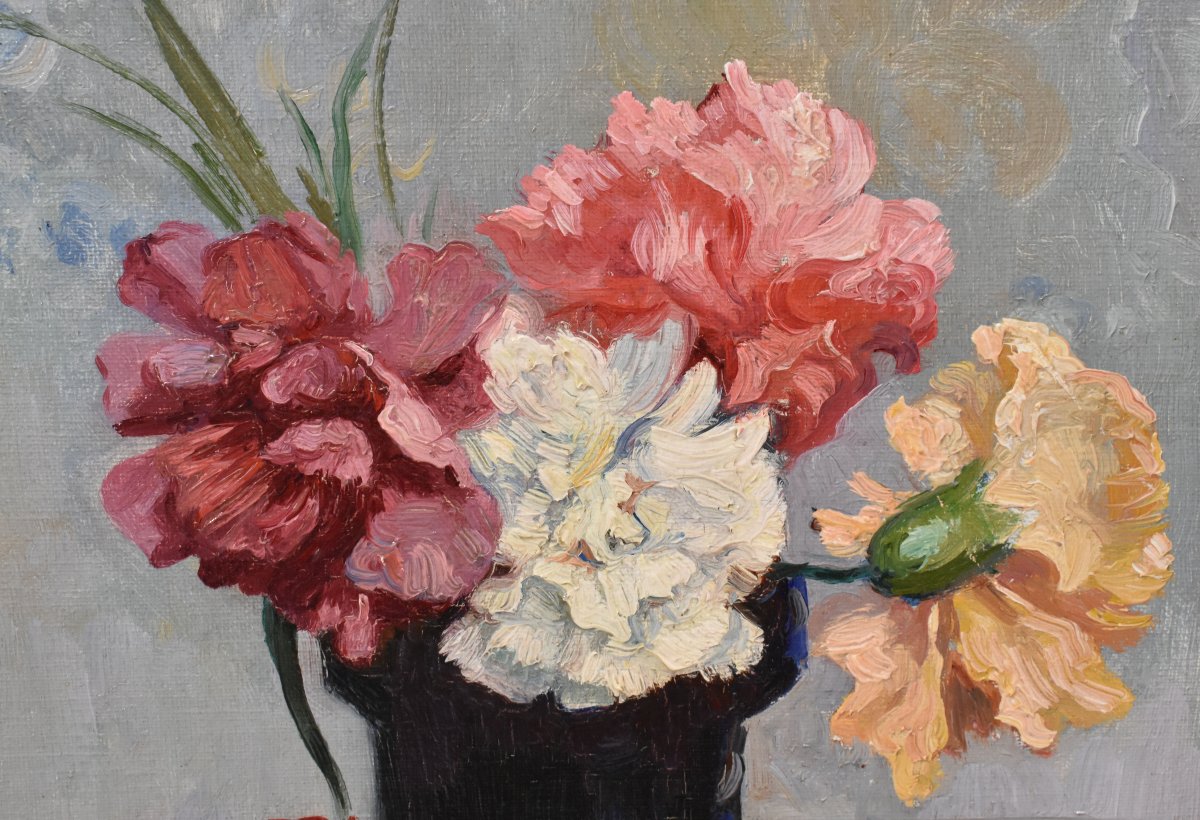 Petite Nature Morte Florale, Léon Laurent Galand, Peinture Fleurs, Œillets, XX (QF768) -photo-4