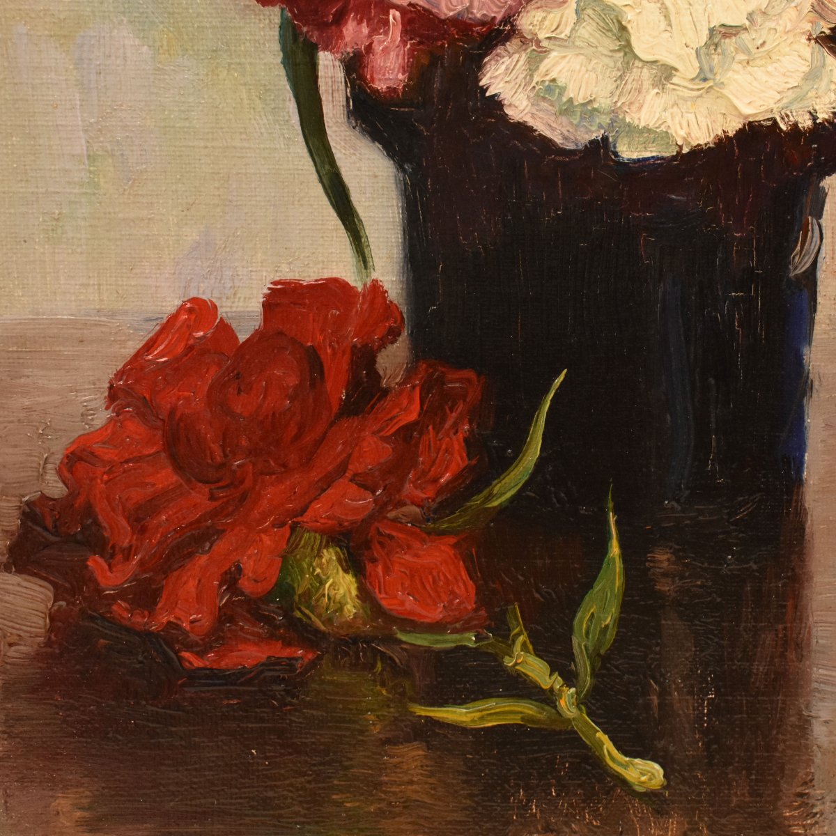 Petite Nature Morte Florale, Léon Laurent Galand, Peinture Fleurs, Œillets, XX (QF768) -photo-2