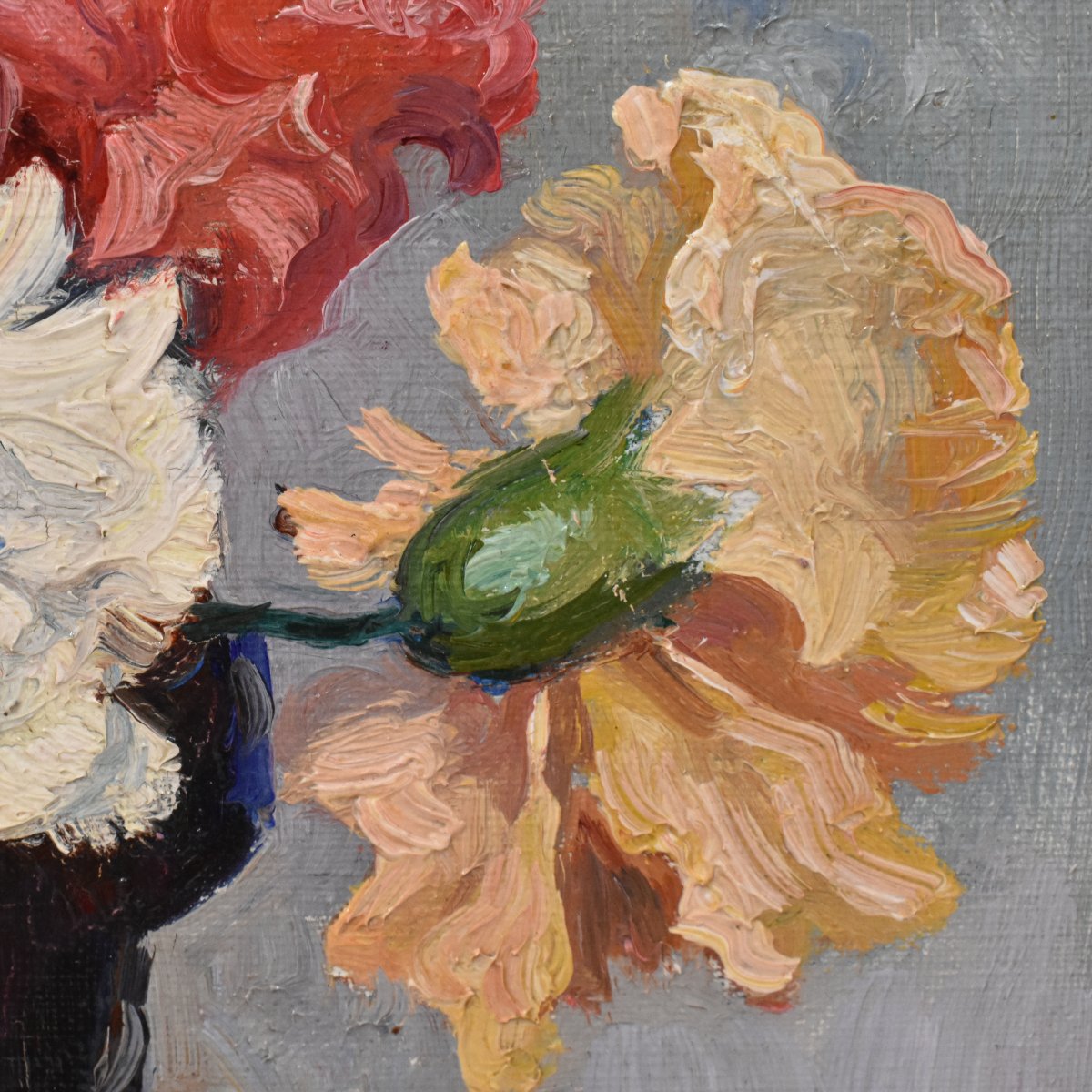 Petite Nature Morte Florale, Léon Laurent Galand, Peinture Fleurs, Œillets, XX (QF768) -photo-3