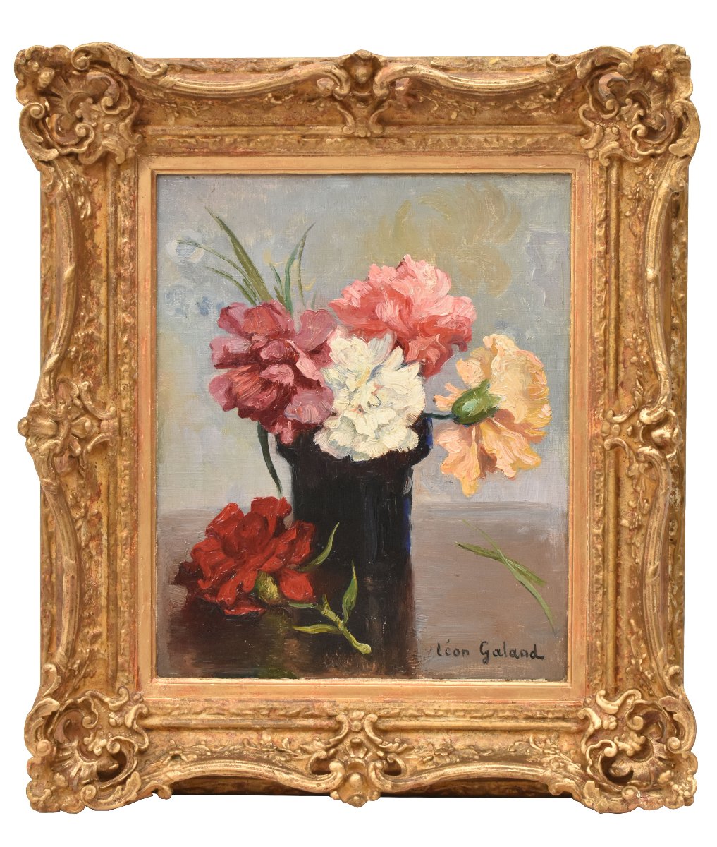 Petite Nature Morte Florale, Léon Laurent Galand, Peinture Fleurs, Œillets, XX (QF768) 