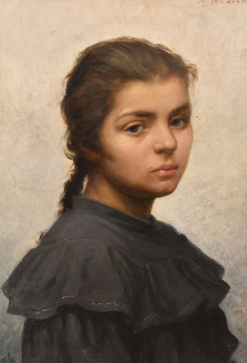 Tableau Ancien, Félix Alfred Bonnet, Portrait De Jeune Femme Avec Tresse, Huile (QR769)-photo-3