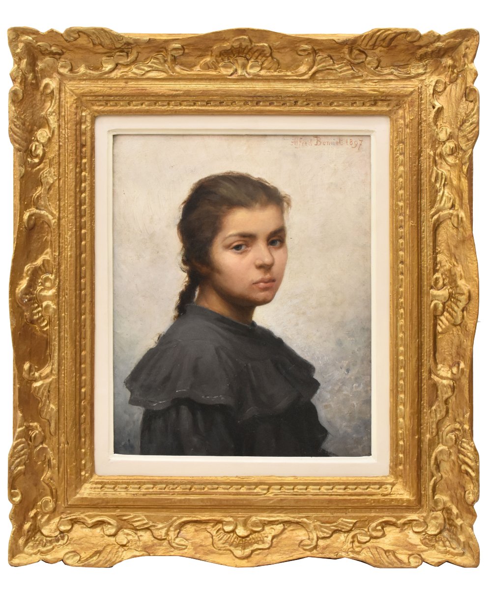 Tableau Ancien, Félix Alfred Bonnet, Portrait De Jeune Femme Avec Tresse, Huile (QR769)
