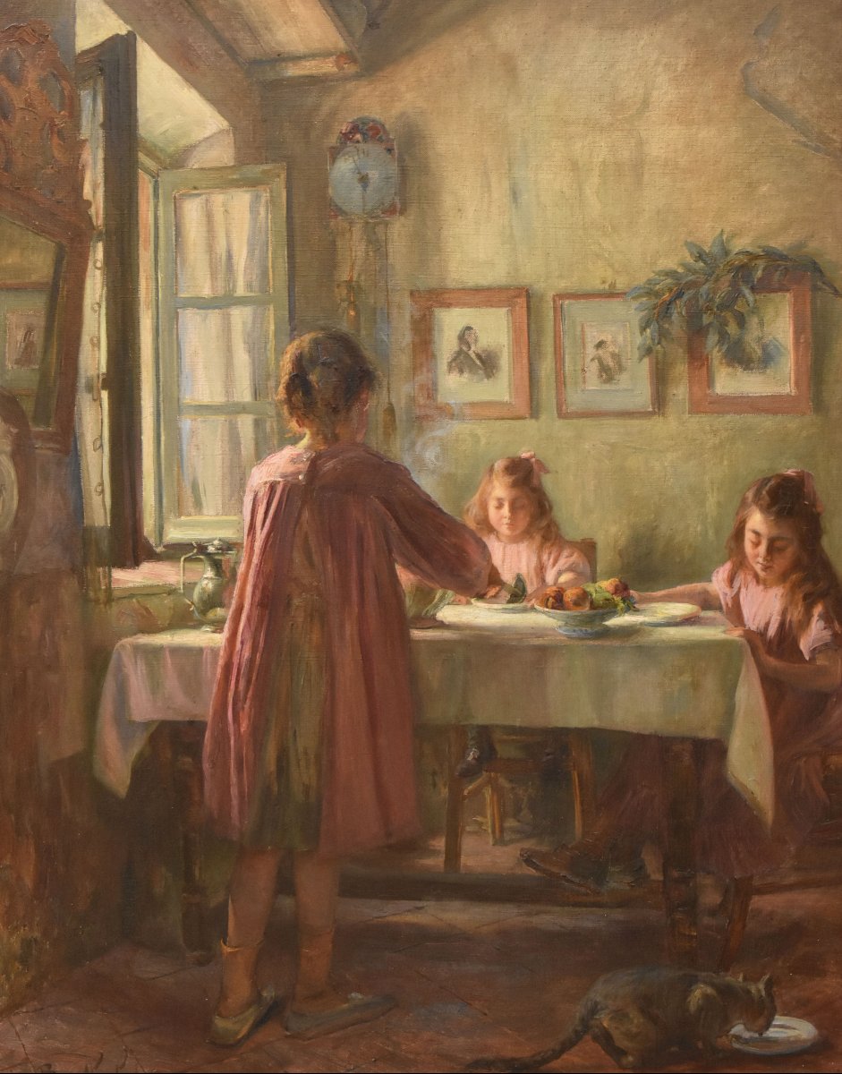 Tableau Ancien, Marius Théodore Barthalot, Peinture Intérieur Domestique, Huile (QR772) -photo-3