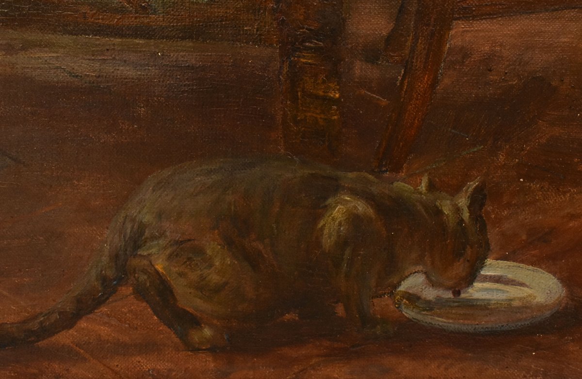 Tableau Ancien, Marius Théodore Barthalot, Peinture Intérieur Domestique, Huile (QR772) -photo-4