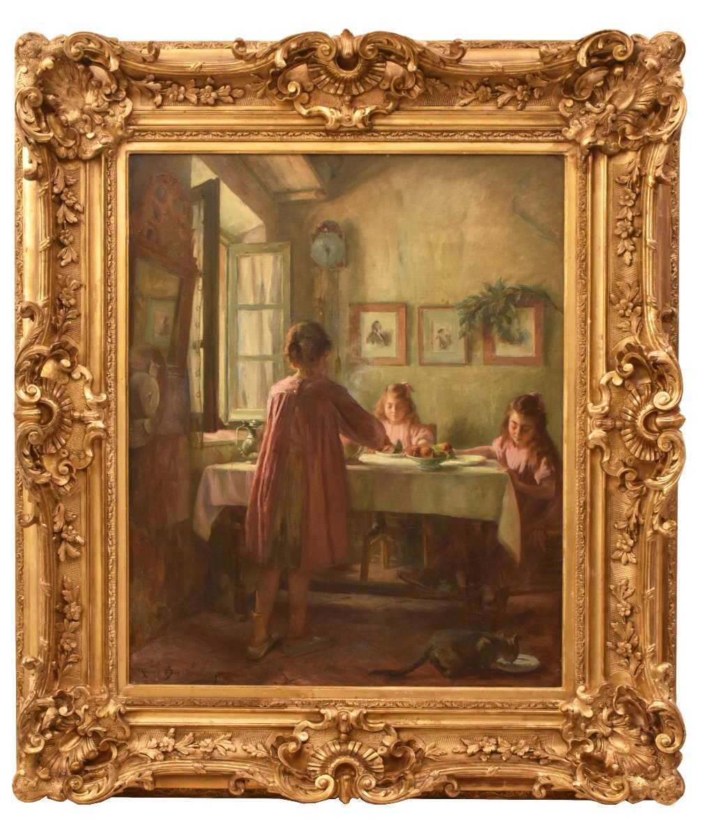 Tableau Ancien, Marius Théodore Barthalot, Peinture Intérieur Domestique, Huile (QR772) 