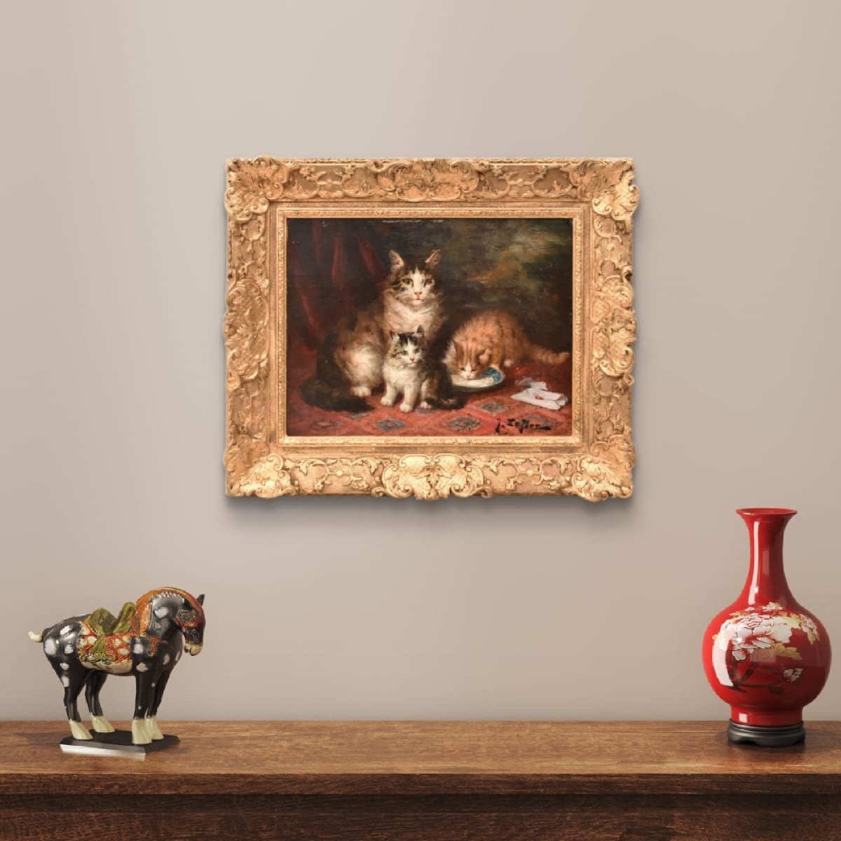 Antique Cats Portrait Painting, Jules Gustave Le Roy, Portraits Of Cats, Oil On Wood (qa770)-photo-2