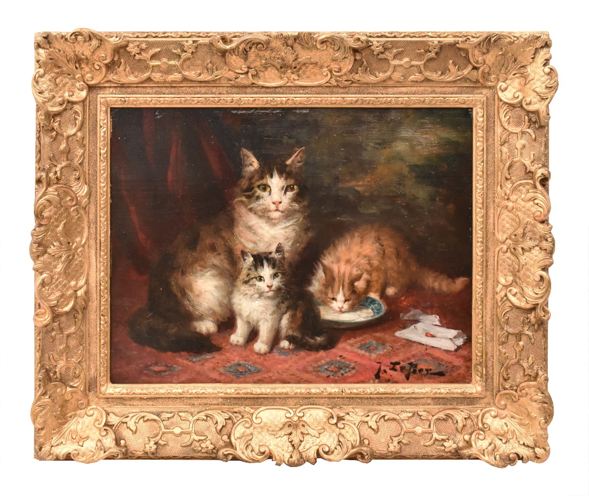 Antique Cats Portrait Painting, Jules Gustave Le Roy, Portraits Of Cats, Oil On Wood (qa770)
