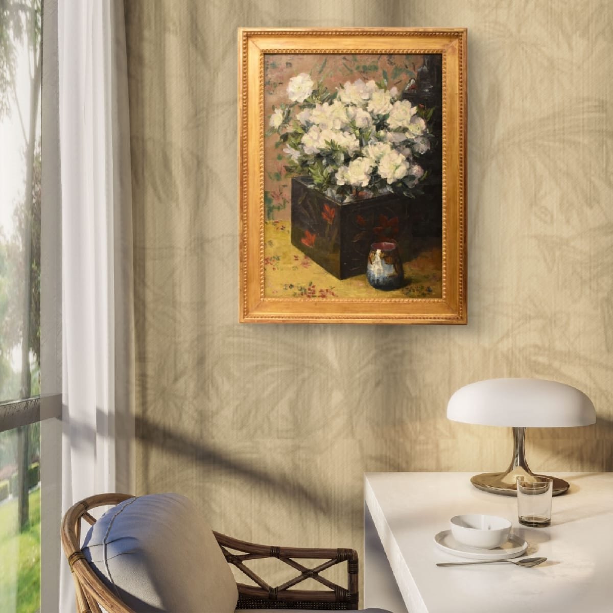 Nature Morte Florale, Willy Van Riet, Peinture Fleurs, Roses Blanches,  Art Deco  (QF771)-photo-2