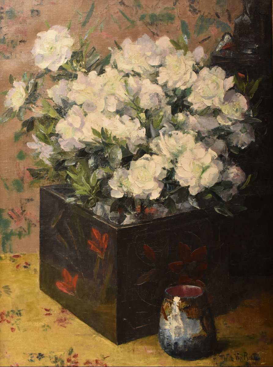 Nature Morte Florale, Willy Van Riet, Peinture Fleurs, Roses Blanches,  Art Deco  (QF771)-photo-3