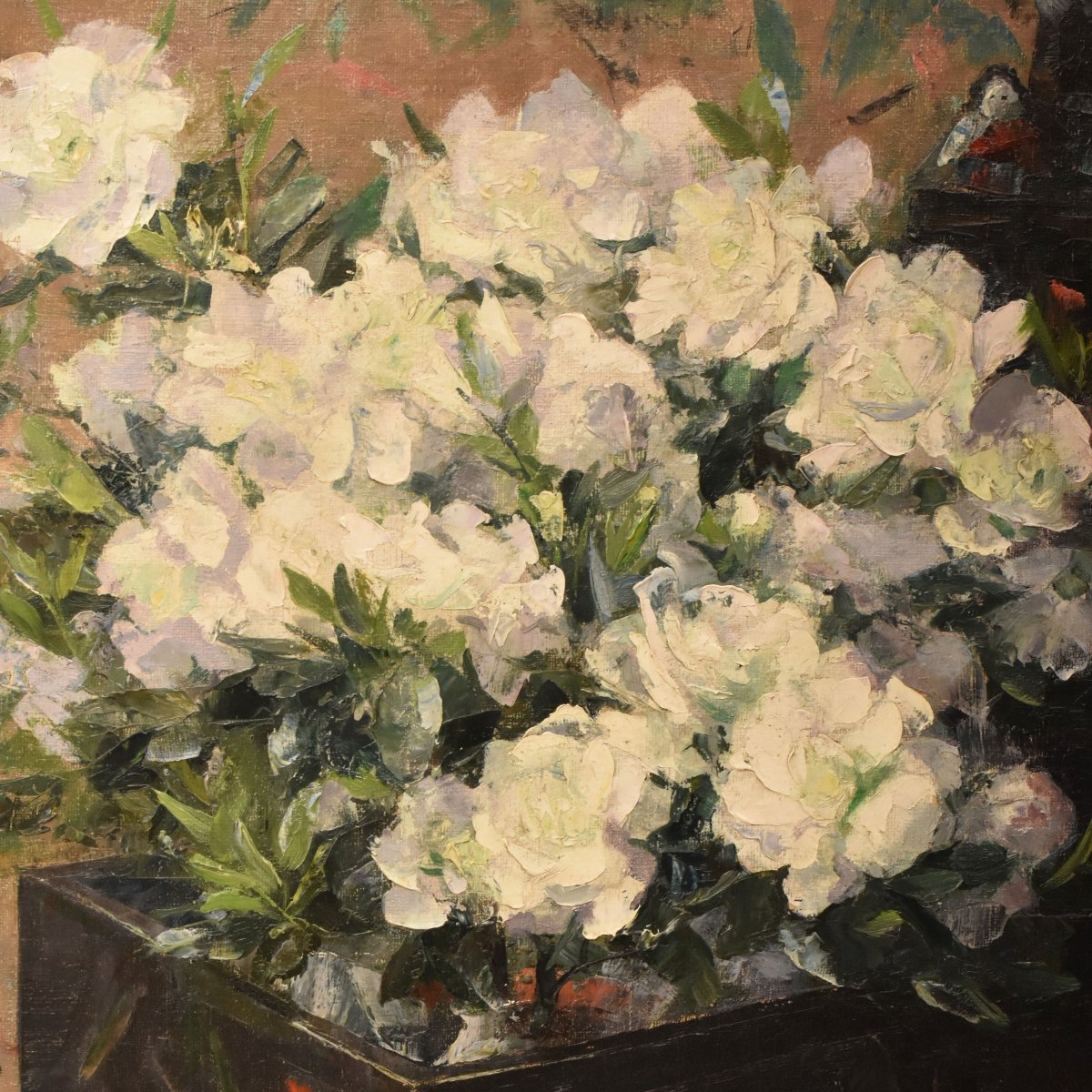 Nature Morte Florale, Willy Van Riet, Peinture Fleurs, Roses Blanches,  Art Deco  (QF771)-photo-4