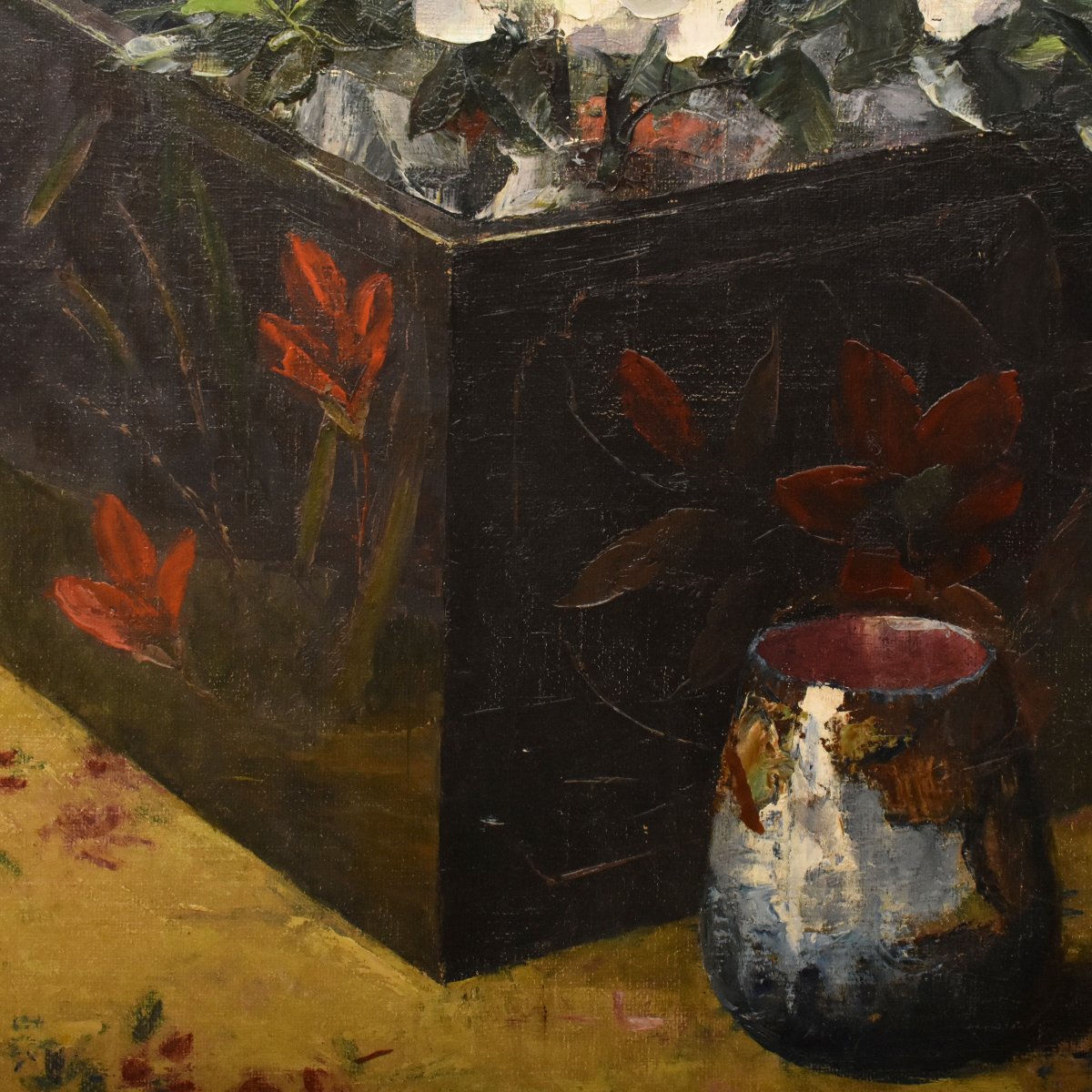 Nature Morte Florale, Willy Van Riet, Peinture Fleurs, Roses Blanches,  Art Deco  (QF771)-photo-1