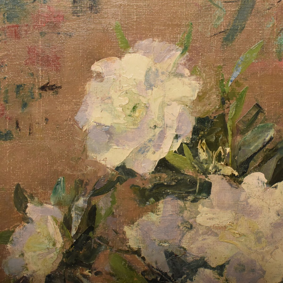 Nature Morte Florale, Willy Van Riet, Peinture Fleurs, Roses Blanches,  Art Deco  (QF771)-photo-2
