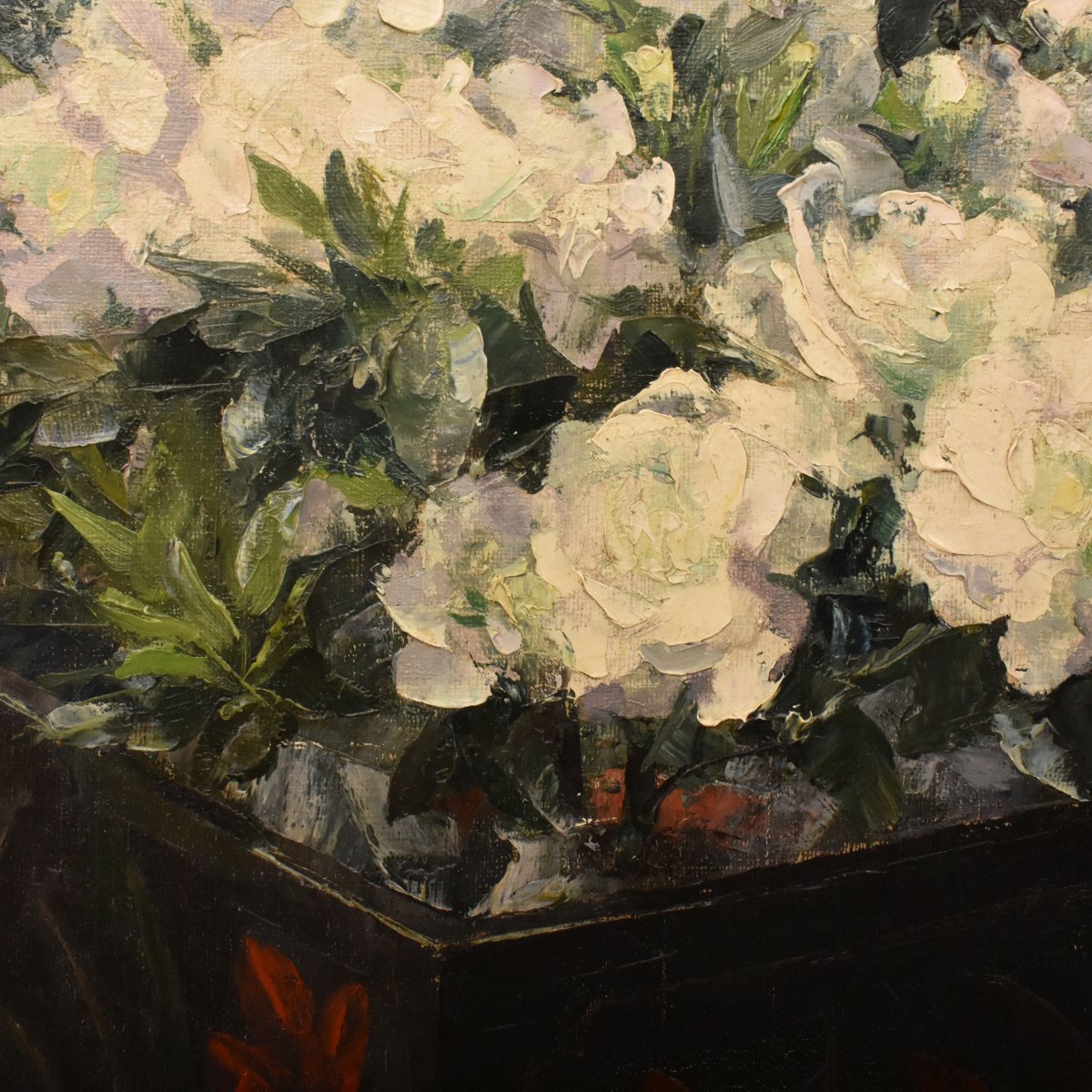 Nature Morte Florale, Willy Van Riet, Peinture Fleurs, Roses Blanches,  Art Deco  (QF771)-photo-4