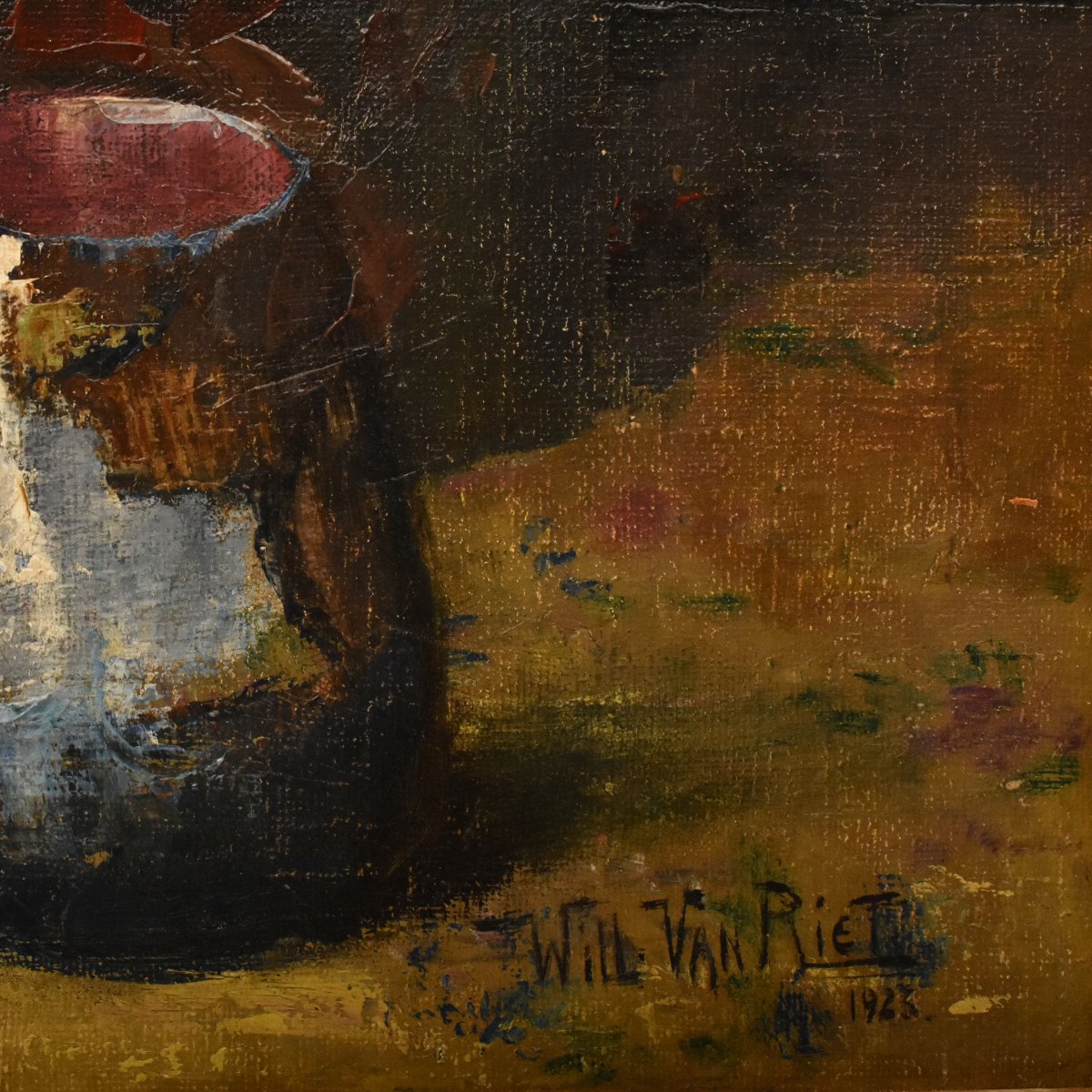 Nature Morte Florale, Willy Van Riet, Peinture Fleurs, Roses Blanches,  Art Deco  (QF771)-photo-5