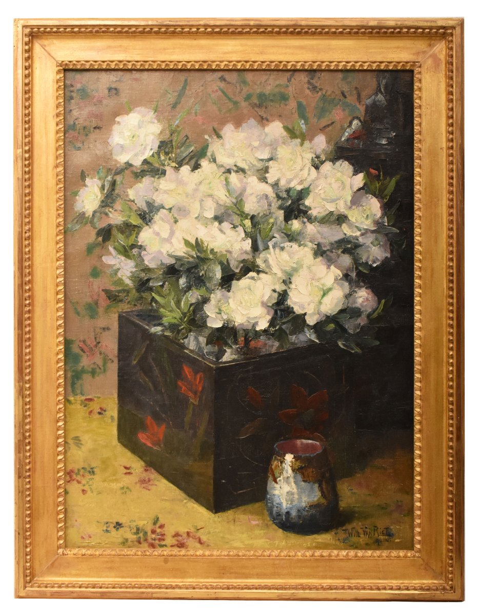 Nature Morte Florale, Willy Van Riet, Peinture Fleurs, Roses Blanches,  Art Deco  (QF771)