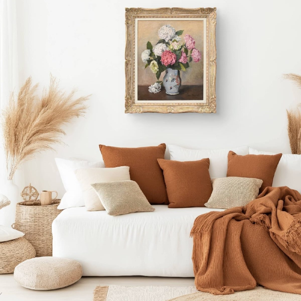 Nature Morte Florale, Émile Rogerol, Peinture Fleurs, Hortensias, XX, Art Nouveau. (QF775)-photo-2