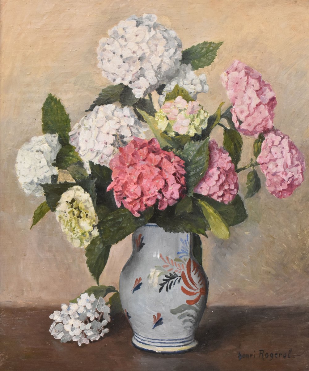 Nature Morte Florale, Émile Rogerol, Peinture Fleurs, Hortensias, XX, Art Nouveau. (QF775)-photo-3