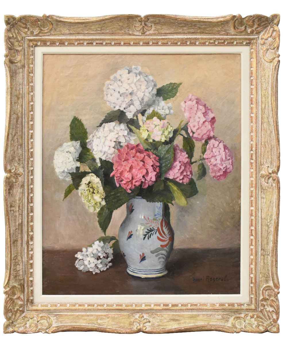 Nature Morte Florale, Émile Rogerol, Peinture Fleurs, Hortensias, XX, Art Nouveau. (QF775)