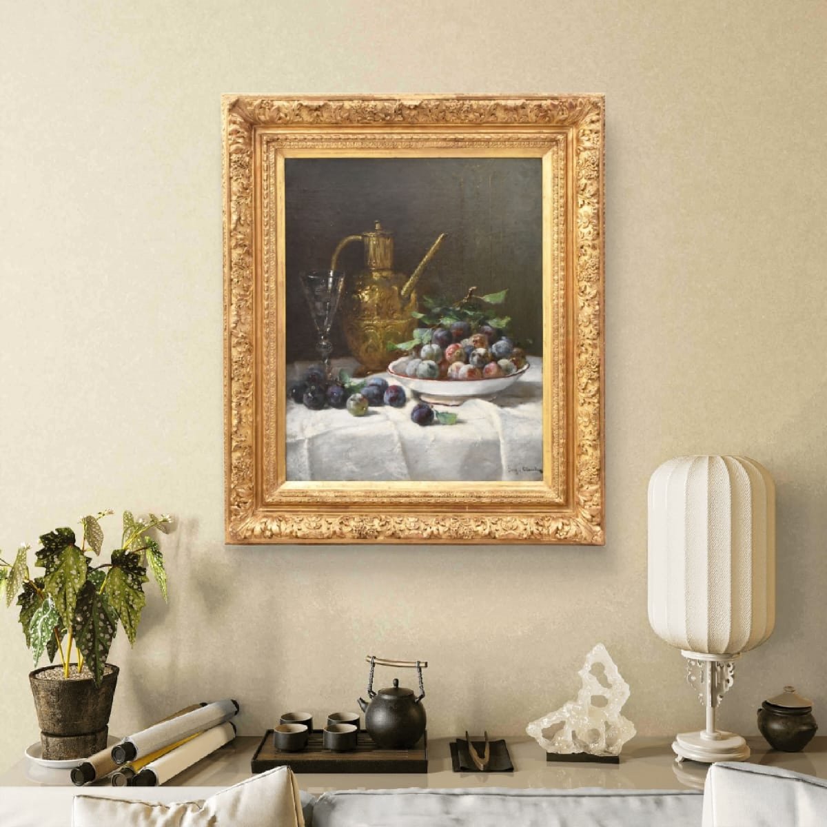 Still Life Painting, Still Life With Plums And Fruit, Antique Painting, XIX. (qnm776) -photo-2