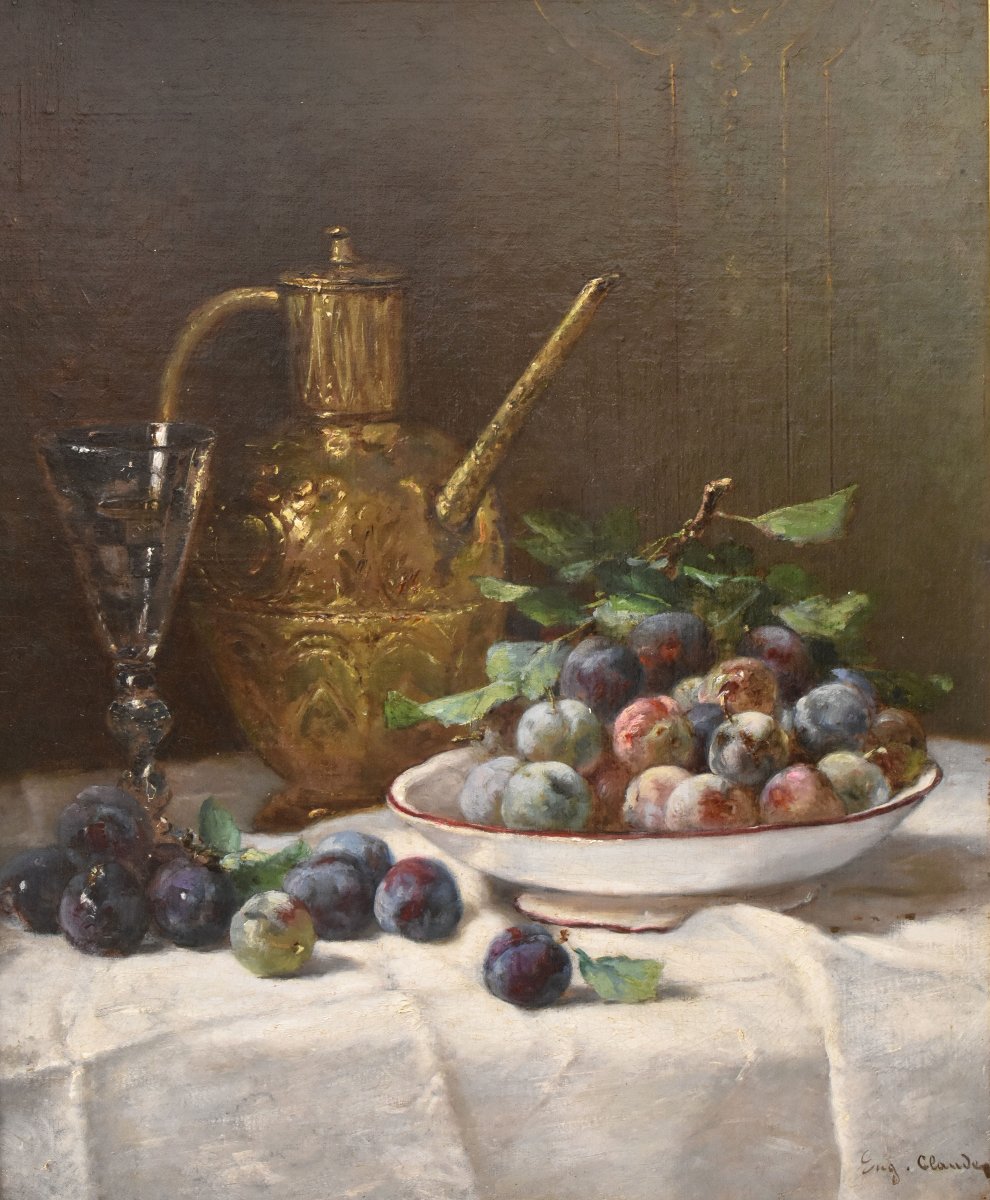 Still Life Painting, Still Life With Plums And Fruit, Antique Painting, XIX. (qnm776) -photo-3